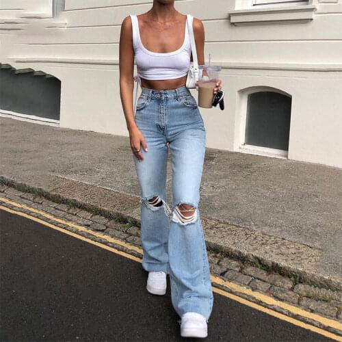Bell Bottoms Ripped Jeans For Women Fashion Streetwear Jeans High Waist Vintage Hole Flared Denim Pants Wide Leg Female Trousers
