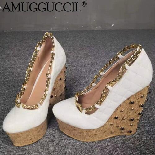 Customize 2020 Plus Big Size 34-48 White Chain Rivets Fashion Sexy High Heel Platform Females Lady Wedge Shoes Women Pumps D1302