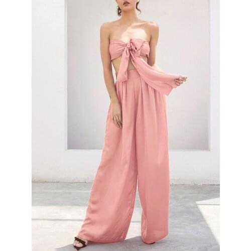 New Fashion 2 Piece Set Women Strapless Bow Tie Crop Top High Waist Wide Pants Sexy Two Piece Set
