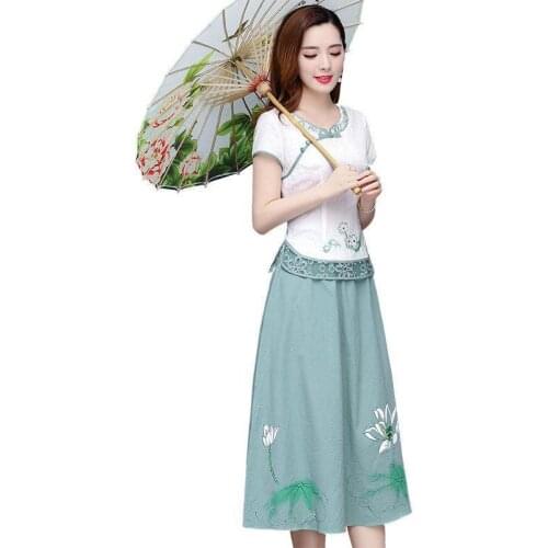 Single Piece/Set Plus Size Womens 2021 Summer New Chinese Style Mother Hanfu Cheongsam Skirt Suit Female Two-Piece Top L731