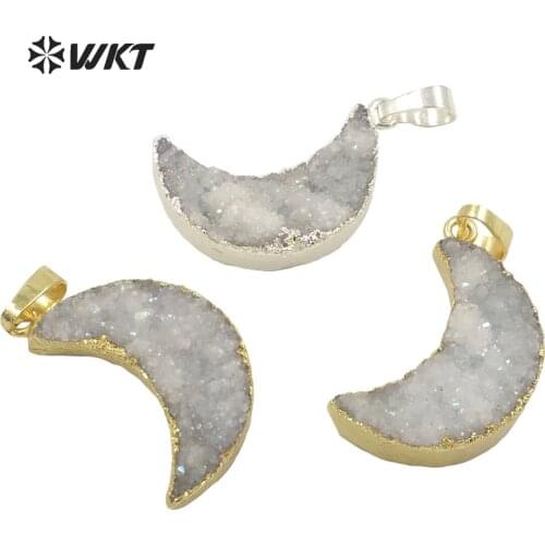 WT-P1706 Super Hot Natural druzy quartz moon pendant with Angel color Fashion women jewelry crescent moon stone pendant