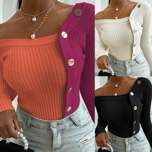 Womens Fashion Casual One-Shoulder Contrast Stitching Tight-Fitting Long-Sleeved Sweater