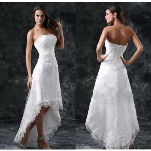 2020 Wedding Dresses Sexy Strapless Appliques High Low Little White Ivory Lace Up Back Summer Beach Short Bridal Gowns