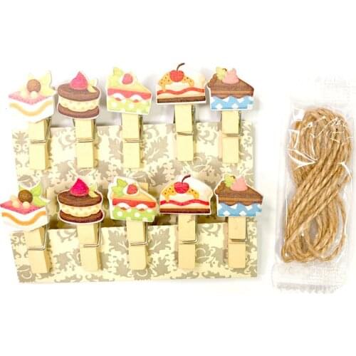 10pcs Creative wood with twine dessert cake photo greeting card snack clip Sealing Clothespin Craft Postcard Clips Decoration