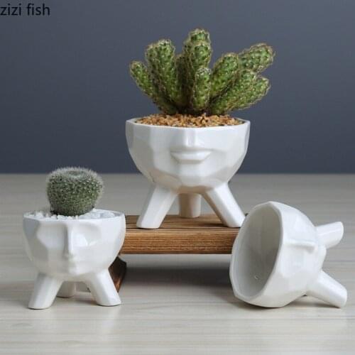 White Succulent Flower Pot Ceramic Face Flower Pot Three-legged Plant Pots Decorative Vase Decoration Crafts Potted Garden Pots
