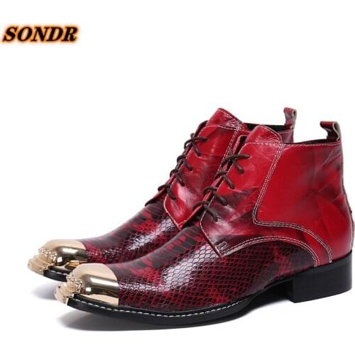 Autumn Early Winter Boots Genuine Leather Iron Square Toe Lace Up Men Martin Shoes Ankle Boots Fashion Snake Skin Boots For Men