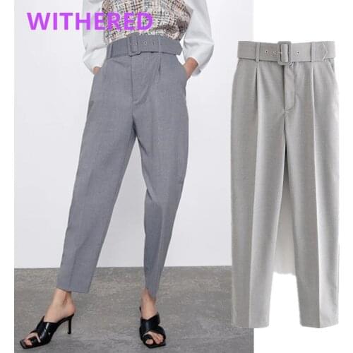 Jenny&Dave women pantalonesengland office lady solid high waist sashes straight suits pants mujer pantalon femme trousers women