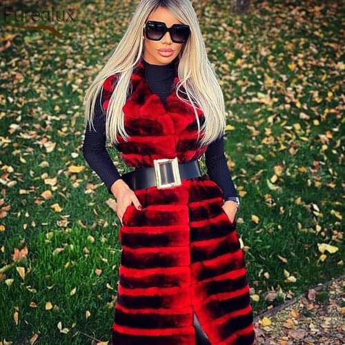 FUREALUX Trendy Real Rex Rabbit Fur Coat Autumn Winter Long Fashion Casual Warm Striped Lace Vest Womens Handmade 2021 New