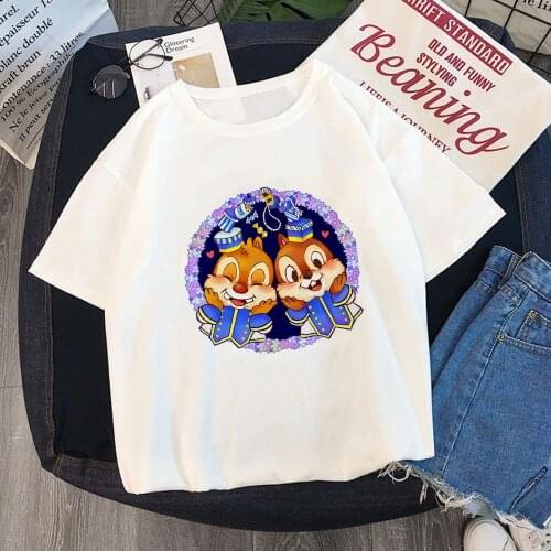 Women T Shirts Summer Short Sleeve Casual White Tshirts Chip and Dale Print Harajuku Cartoon Tshirts Girls Ladies Streetwear Top