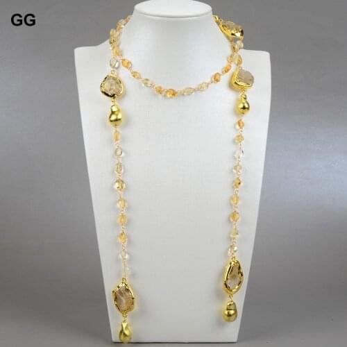 GG Jewelry Natural Yellow Citrines Gold Color Plated Brushed Bead Long Necklace 40" Sweater Chain Necklace For Women