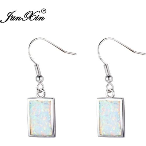 JUNXIN Geometric Design White Fire Opal Dangle Earring Silver Color Earrings For Women Double Sided Earrings
