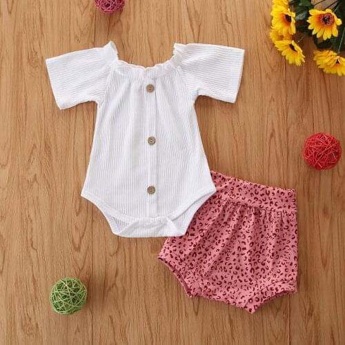 0-24M Newborn Baby Girls Clothes Set Summer Cotton Solid Color Short Sleeve Button Romper + Casual Leopard Point Shorts Outfits