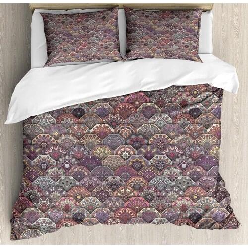 Moroccan Duvet Cover Set Colorful Vintage Floral Mandala Pastel Hexagonal Overlapping Design Mexican Ornate 3 Piece Bedding Set