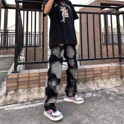 2021 Mens Hip Hop Trousers High Streetwear Casual Pants Fashion Brand Black Color Tie Dyed Jeans Couples Loose Wide Leg Pants