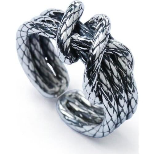 Silver original jewelry woven hemp rope shape domineering exaggerated neutral wind men and women opening adjustable ring