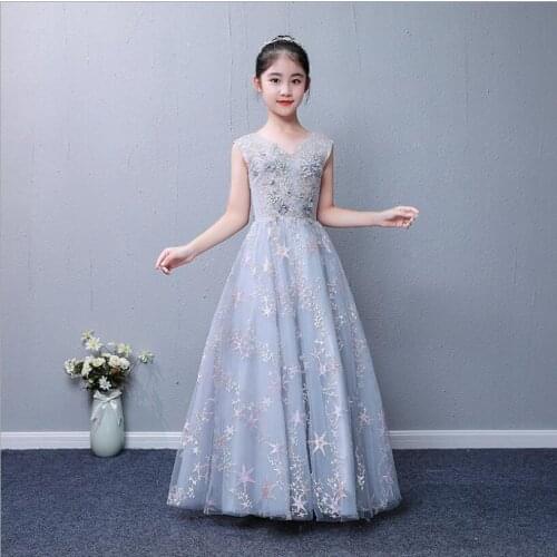 Sequin Flower Girls Dress Sleeveless Appliques Lace Kids Wedding Party Dress V-neck Flower Girl Dress Princess Pageant Long Gown