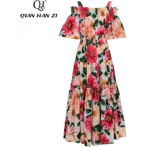 Qian Han Zi Fashion summer Sexy Off the Shoulder Cotton Dress Women 2021 elegant Flower print Elastic waist Party Midi dress