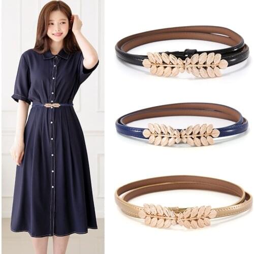 Women Belts Thin Golden Buckle PU Leather Strap for Dress Trousers Casual Black Ladies Female Designer Waistband