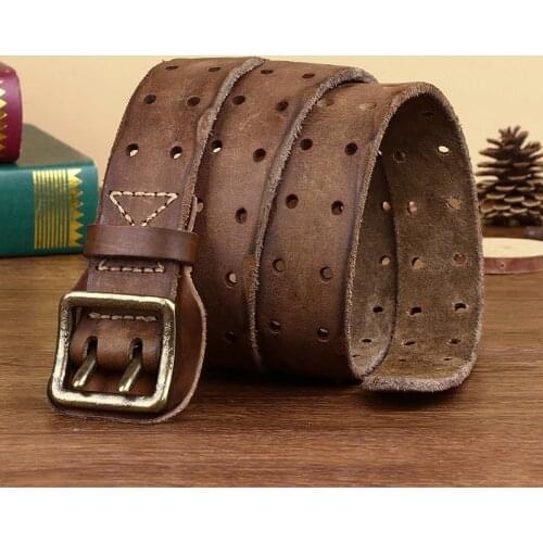 Brass Double Pin Buckle Cowskin Mens Belts Male Jeans Genuine Leather Trouser Waist Belt Hole Luxury Designer Gift for Men