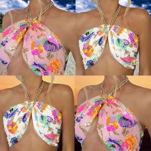 Sexy Floral Printed Sequined Metal Chain Halter Vintage Pink Backless Lace Up Y2K Sling Crop Top Camisole Women Party Streetwear