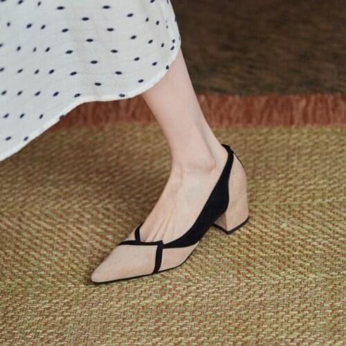 Spring Autumn New Style Flock Mixed Colors Women Shoes Dress Square High Heels Pumps Pointed Toe Ladies Office Heels for Women