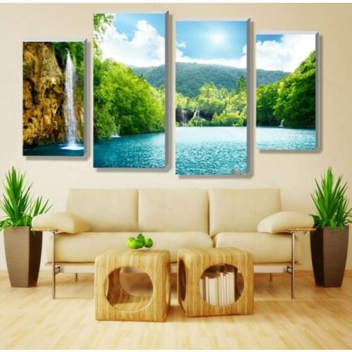 Modern Picture Beautiful Clear Lake Water Landscape Painting 4 Panels Flower On Canvas Art Print Living Room Decoration