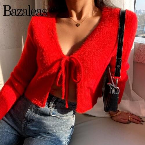 Bazaleas 2020 spring Mohair Red Kintted Carfigans Vintage Center Tie Bandage women Sweater harajuku Soft Sweter
