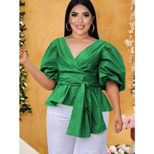 ONTINVA V Neck Blouses Women Lantern Sleeve Woman Pus Size Tops Office Lady Shirt Blouse Free Shipping 2021 Summer Autumn