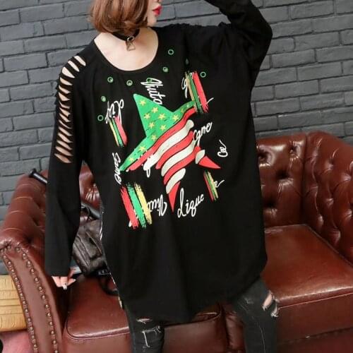 Hip Hop style autumn new fashion womens top off the shoulder hole O neck Rivet Plus size women oversized t shirt
