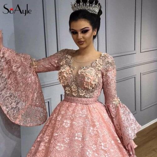 SoAyle Ball Gown 2018 Prom Dresses Lace 3D Flowers Horn Sleeves Sheer Beaded Evening Dress Long Vestidos De Festa Graduate Dress