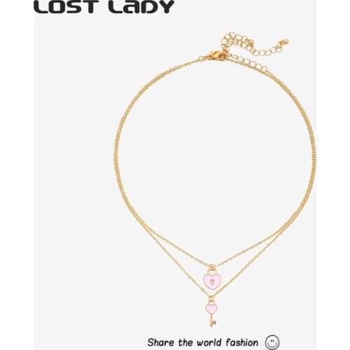 Lost Lady Fashion Multicolor Heart Lock Pendant Necklaces Cute Gold Chain Chocker Necklaces for Women Girls Party Jewelry Gift