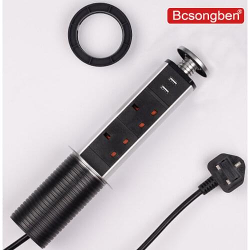 Bcsongben PULL Table UK Standard Socket POP UP 2 Power Socket 2 USB Charging Port Desktop Hidden Kitchen Table Worktop