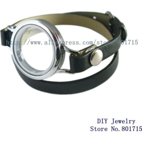 Bracelet Plain Round twist threaded screw top glass locket Jewelrygold living memory Locket floating lockets with PU Wrap Locket