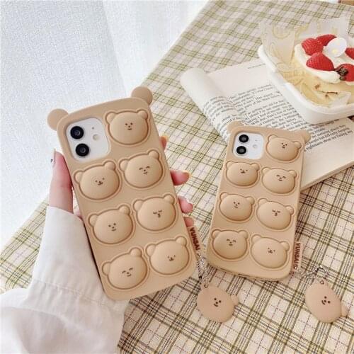 Cute 3D Relive Stress Bears Pendant TPU Case For iPhone 8 7 6 s Plus X XR XS 11 12 Pro Max Heavy Duty Push Bubber Silicone Cover