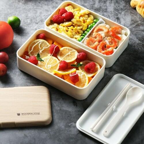 Microwave Double Layer Lunch Box Wooden Bento Box Portable Container Box With Tableware Kitchen Tools Cocina