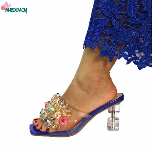 Elegant Style New Coming Summer Slipper in Royal Blue Color Transparen Appliques Design Pumps for Party
