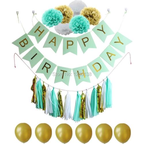 Happy Birthday Bunting Banner with Mint White and Gold Tissue Paper Pom Poms Tassel Garland Party Balloon for Decorations