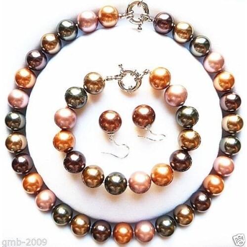 Hot sale new Style >>>>Fashion 14mm Mix Colors South Sea Shell Pearl Necklace Bracelet Earring Sets AAA