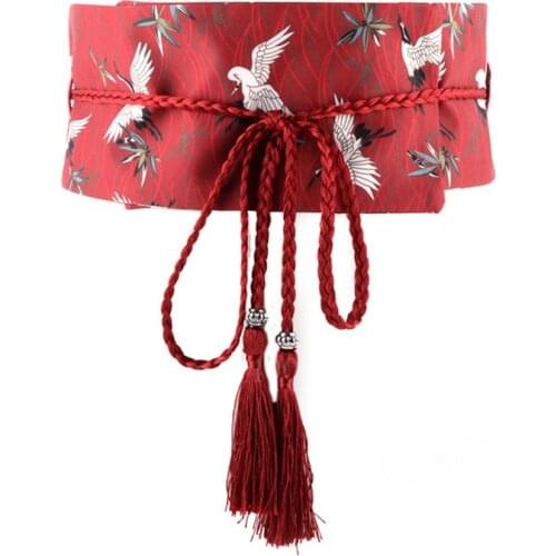 Japanese Traditional Clothing Kimono Cardigan Obi for Women Girl Fashion Streetwear Crane Printed Tassel Bandage Belt Yukata Obi