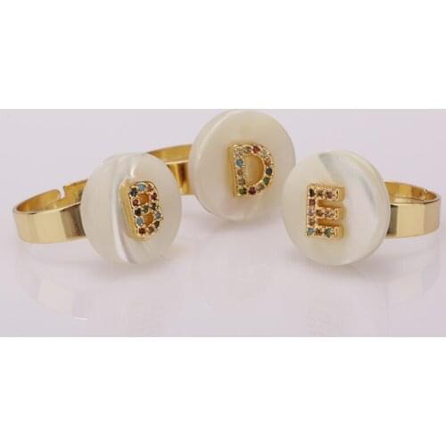 Tiny cz initial 26 alphabet letters charms round natural white shell beads adjustable rings for women wedding birthday gift