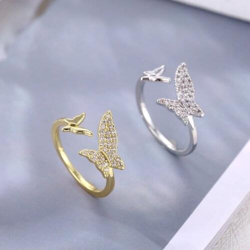 Copper Open Ring New Design Fashion Wedding Jewelry Inlaid Zircon Butterfly Ring Luxury Shiny Cocktail Party Gold Ring For Women