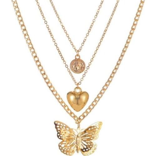 Multilayer Exaggerated Hollow Butterfly Heart Pendants Necklace Women Round Portrait Chain Necklaces Neckless Collier Jewelry