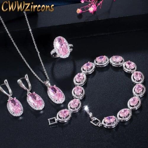 CWWZirconss Fashion Sparkling Oval Pink Cubic Zirconia Stone Rings Earring Necklace and Bracelet 4pcs Jewelry Set for Women T407