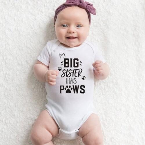 My Big Sister Has Paws Print Baby Bodysuit Summer Newborn Short Sleeve Cotton Baby Boy Girl Jumpsuit Baby Clothes Outfits