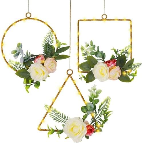 Set of 3 Floral Hoop Wreath,Artificial Peony Flower Eucalyptus Wreath with Lights,for Wending Party/Living Room/Bathroom