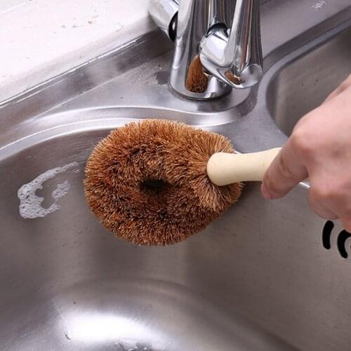 Natural Coconut Brown Long Handle Oil Cleaning Brush Pot Brush Dish Washing Hangable Brush Kichen Accessories Bathroom Cocina