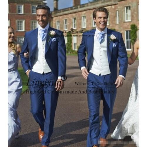 Slim Fit Royal Blue Men Suits Western Style Beat Groomsman Wedding /Dinner Party Tuxedos (Jacket+Pants+Vest) Mens & Blazers