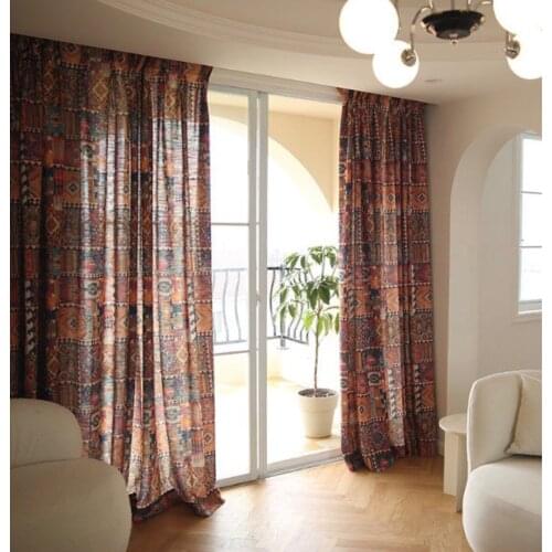 Orange Bohemian Gypsy Style Multi-puzzle Style Imitation Cotton and Linen Semi-shading Curtains for Living Dining Room Bedroom