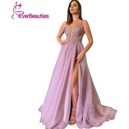 Luxury Prom Dresses Long 2020 Side Split Suknie Wieczorowe Tulle Appliques Beaded Robe De Soiree V-Neck Vestidos De Noite