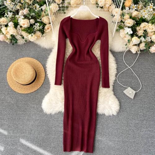 Sexy Low-cut Square Collar Good Stretch Knitted Dress Fashion Bloggers Recommended Chic Dress